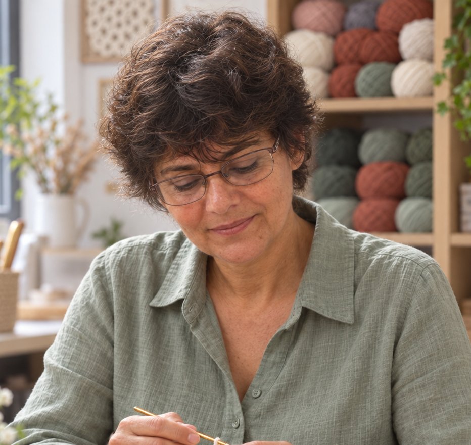 Jana, professora de crochê, fazendo uma peça em sua mesa de trabalho